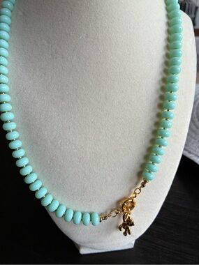 Vibrant Mint Green Beaded Necklace with Teddy Bear Charm Layering Jewelry